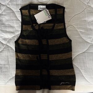 Ganni Black and Gold Striped Top